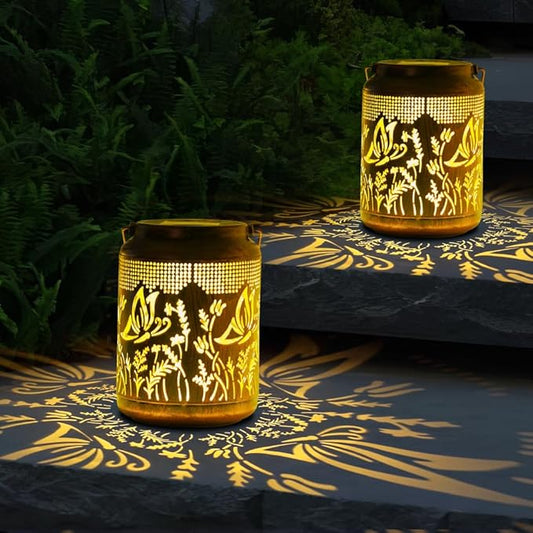 2 Pack Butterfly Solar Lanterns Outdoor Waterproof,Birthday Gifts for Women Mom,Hanging Solar Lights Outdoor LED 6.9" Metal Butterfly Decorative Lanterns for Patio,Pathway,Yard,Garden Decor