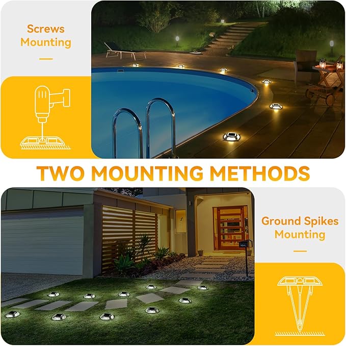 AGPTEK Solar Driveway Lights 12 Pack, 2 Colors in 1 Outdoor Solar Deck Dock Marine Waterproof LED Driveway Marker Security Lights for Outside Pathway,Boat Dock,Step,Walkway,Path,Garden (Warm & White)