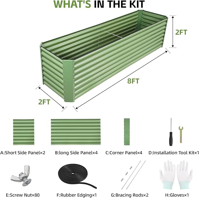 8x2x2ft Raised Garden Bed - Galvanized Deep Root Planter Boxes Outdoor with Wing Nuts and Safety Edges for Gardening Vegetables, Flowers, Herbs, Succulents - Olive Green