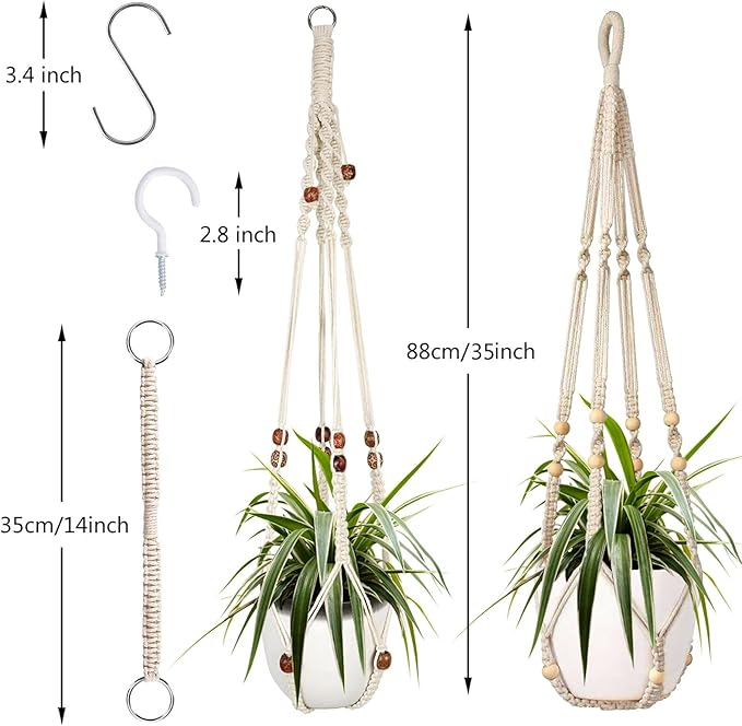 Augshy Macrame Plant Hanger, 2Pcs Hanging Plant Holder with Extender Plant Hangers for Indoor Outdoor Decor Macrame Hanging Planter Basket with 4 Hooks