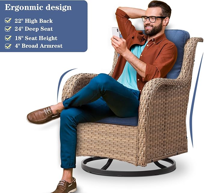 5 Pieces Patio Furniture Sets Wicker Outdoor Furniture, Rattan Patio Swivel Glider Chairs with 2 Ottoman and Glass Side Table, Yellow