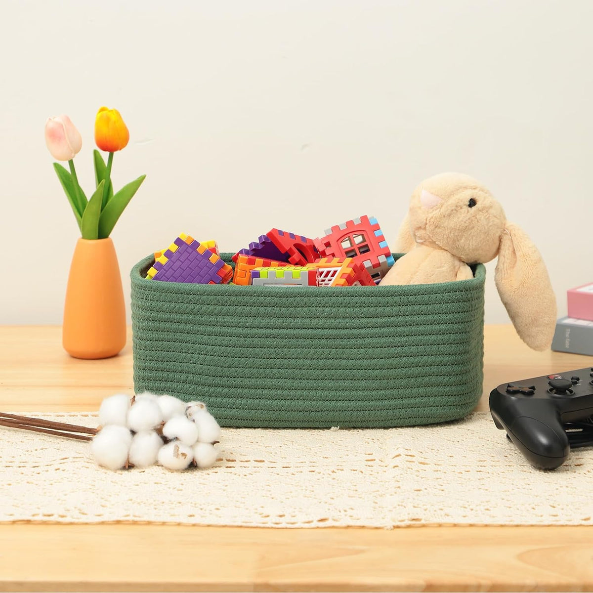 Small Storage Baskets for Organizing | Closet Organizer Bins | Shelf Toy Basket | Woven Rope Baskets | Cube Decorative Box | Shallow Basket | 11.5x7.5x4.7” | 4 Packs Green