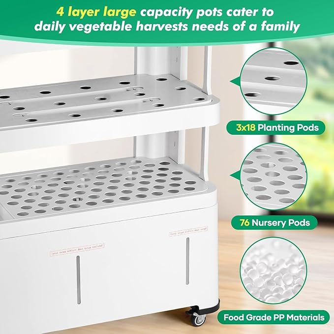 4-Tier Hydroponics Growing System Kit with 130 Pods, Lager Indoor Garden System with LED Grow Light, Automatic Quiet Water Circulation, Food-Grade PP Material Hydroponic Tower for Vegetables