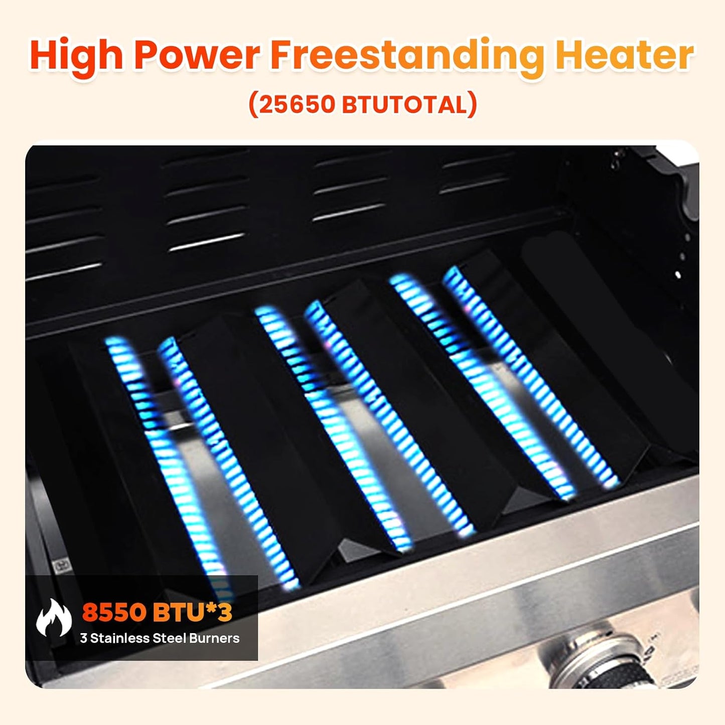 3-Burner Propane Gas BBQ Grill with Porcelain-Enameled Cast Iron Grates and 2 Foldable Side Table, 25,650 BTU Stainless Steel Grill for Outdoor Camping Barbecue Grilling Backyard Cooking - Silver