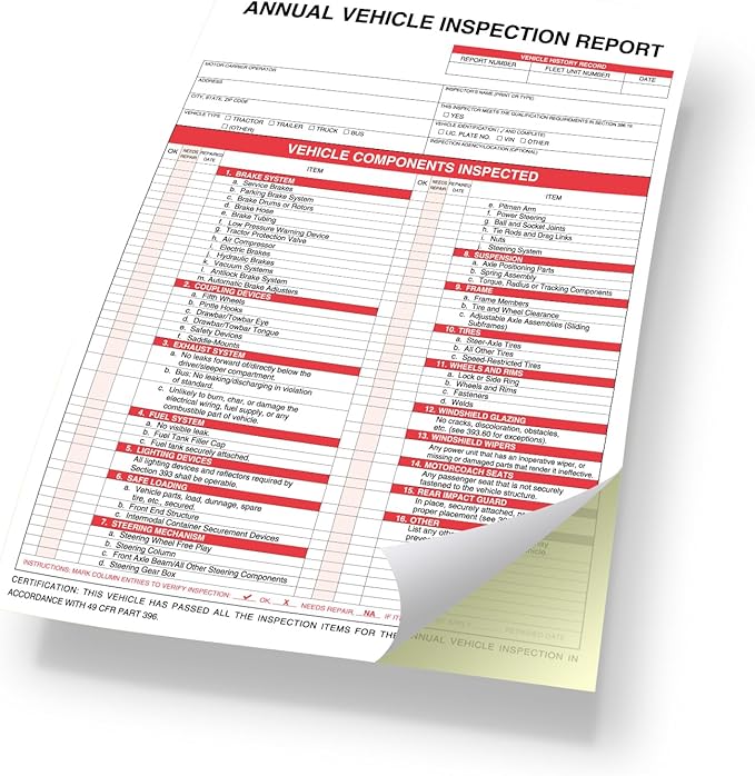 Annual Vehicle Inspection Report Form with Red Exterior Aluminum Inspection Label (6"x3.5"), and White Interior Inspection Label (5"x4") 25-pk
