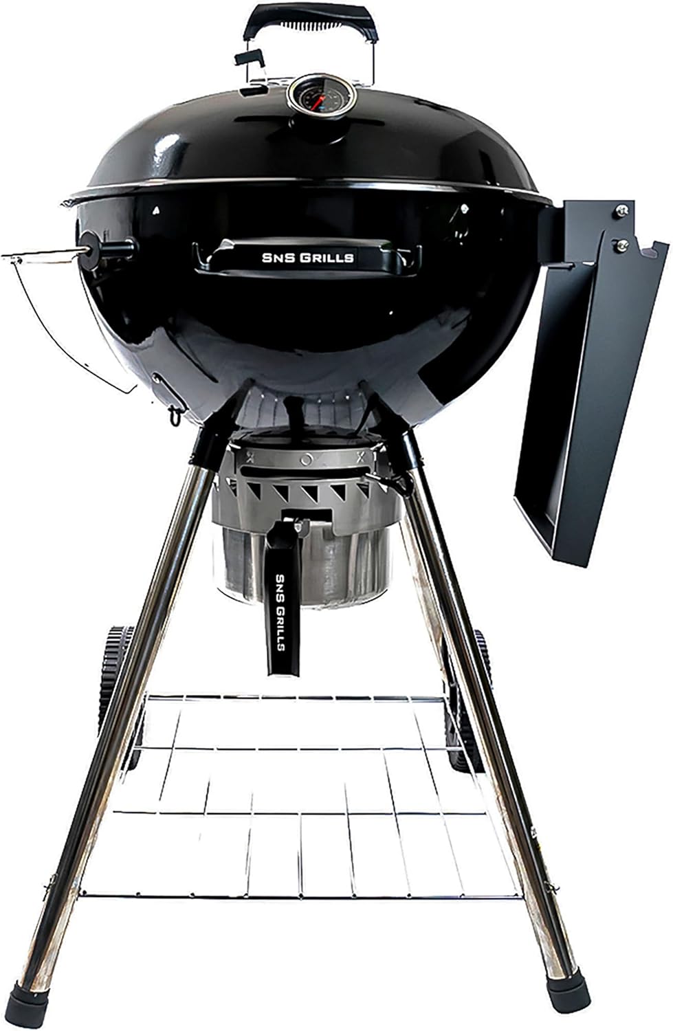 SnS Grills Original Kettle Charcoal Grill with Patented Slow 'N Sear Deluxe Insert and EasySpin Grate for Two-Zone Cooking, Low ‘N Slow Smoking and BBQing - Black 22-Inch