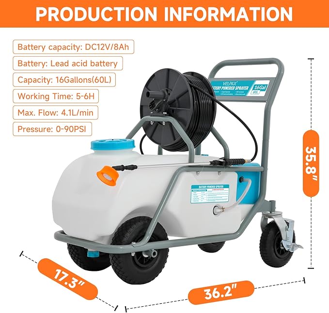 16 Gallon Battery Powered Sprayer,90 PSI Electric Pump,6 Hours Long Battery Life,12V 8Ah Battery,Adjustable HD Wand and 10 Nozzles,Portable Sprayer with Wheels for Lawn & Garden Spraying, Cleaning