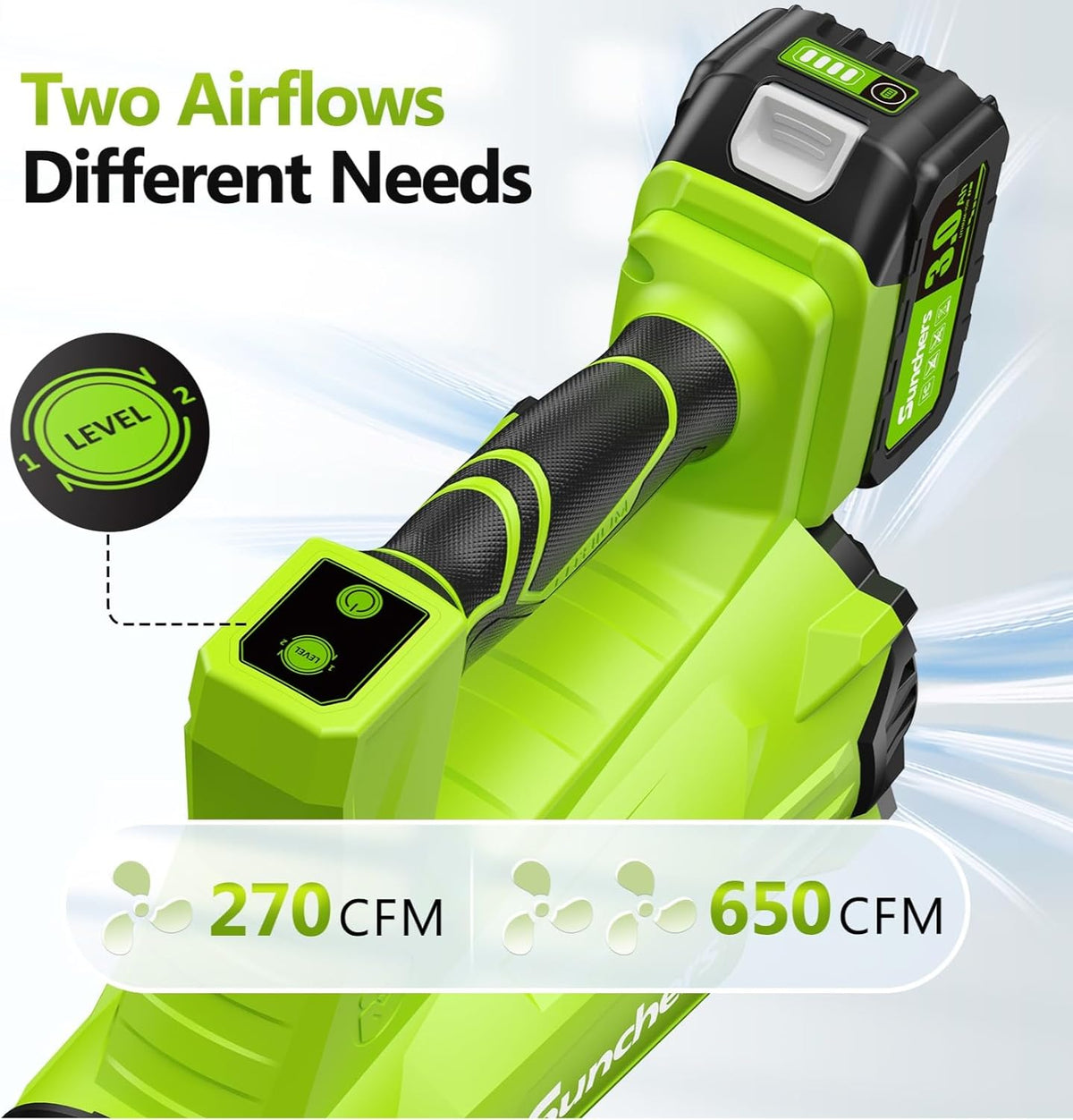 Electric Leaf Blower Cordless with 2 3.0Ah Battery and Charger, 2 Speed Mode 650CFM 280MPH Patio Tools with 2 Tubes, 20V Battery Powered Leaf Cleaner Handheld Blowers for Lawn Care, Dust, Leaves, Yard