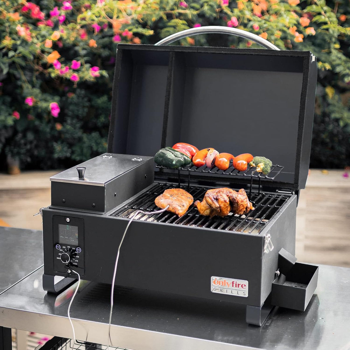 Onlyfire BBQ Wood Pellet Grill Smoker with Meat Probe, 2 Tiers Cooking Area, Portable Tabletop Grilling Stove for Outdoor Kitchen Cooking Smoke and Roast, RV Camping, Black GS314