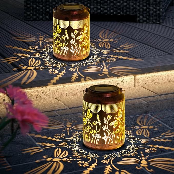 2 Pack Dragonfly Solar Lanterns Outdoor Waterproof 6.9" Metal Hanging Solar Lights Outdoor LED Light Dragonfly Decorative Lantern for Patio,Porch,Yard,Garden Decor,Birthday Gifts for Women Mom