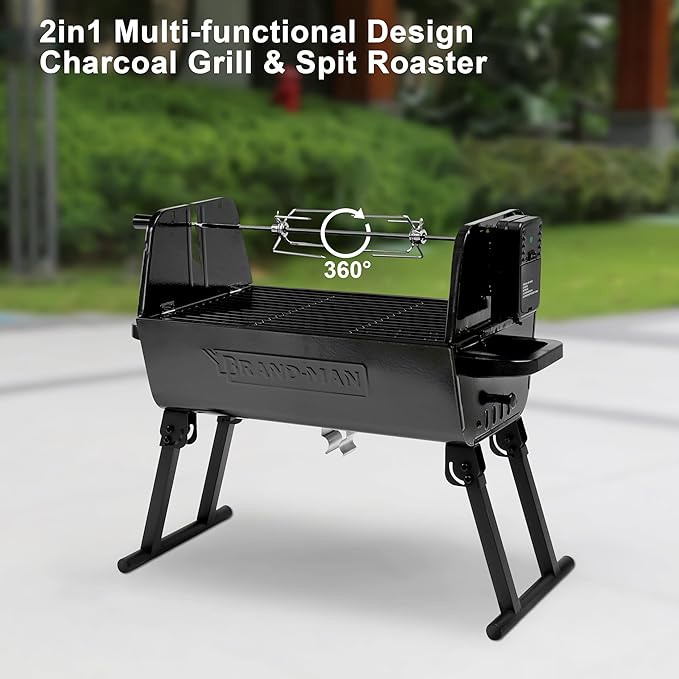 Brand‑Man 2‑in‑1 Charcoal BBQ Grill with Motorized Rotisserie – Portable, Foldable Grill, 257 sq in Outdoor BBQ Grill for Camping & Tailgate, Adjustable Height, Dual Vents