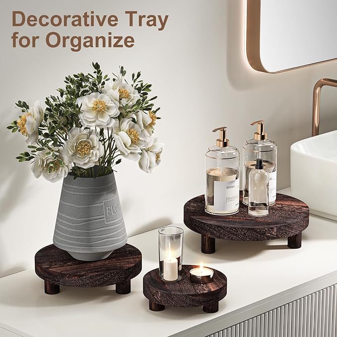 3 Pcs Wood Plant Stand Indoor Outdoor, Round Wood Riser for Decor 6/8/10" Wooden Stool Display Stand Flower Pot Holder Small Planter Tray Modern Potter Decorative for Desktop Counter Room