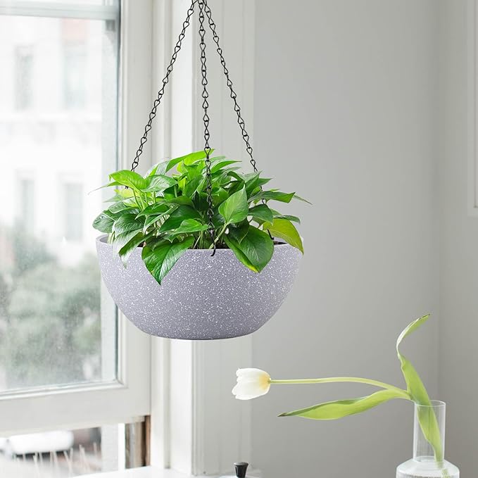 13 inch Large Hanging Planters Plant Pots for Outdoor Indoor Plants with Drainage Holes and Chain, 2 Pack Round Hanging Flower Pots for Garden Home Porch Decor, Speckled Grey