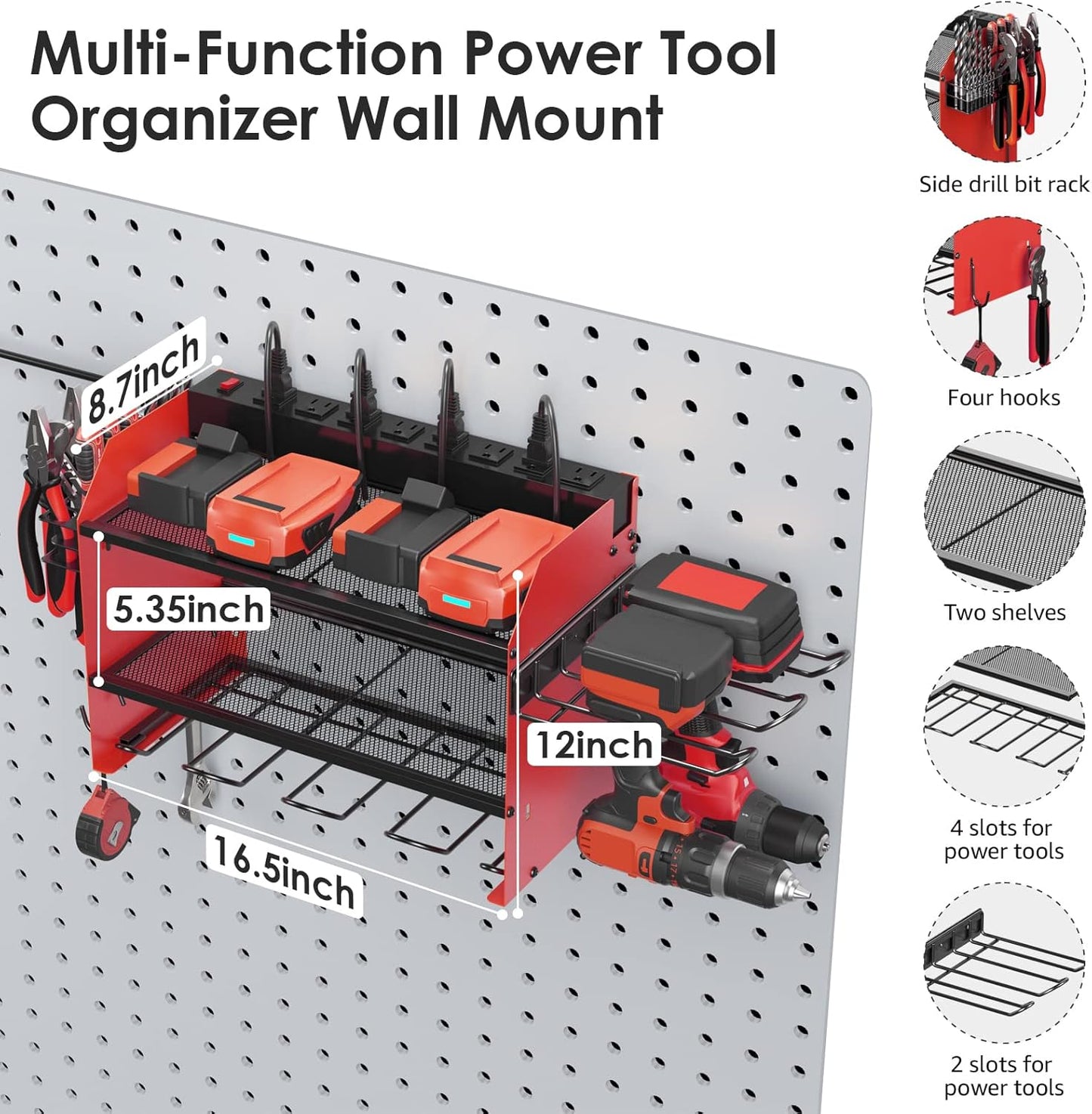 CCCEI Modular Power Tool Organizer Wall Mount Charging Station, Red 6 Drills Holder with 8 Plug Power Strip, Garage Drill Battery Heavy Duty Metal Shelf, Utility Rack with Hooks, Side Storage.
