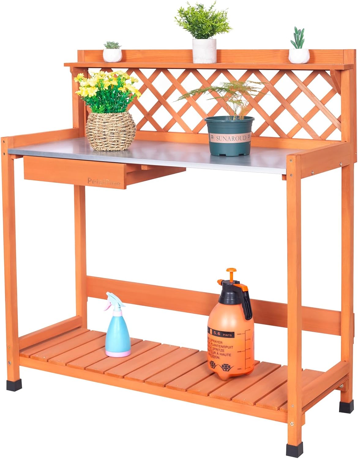 Outdoor Potting Bench & Wooden Gardening Work Station Planting Table with Metal Tabletop, Drawer, Storage, and Hooks