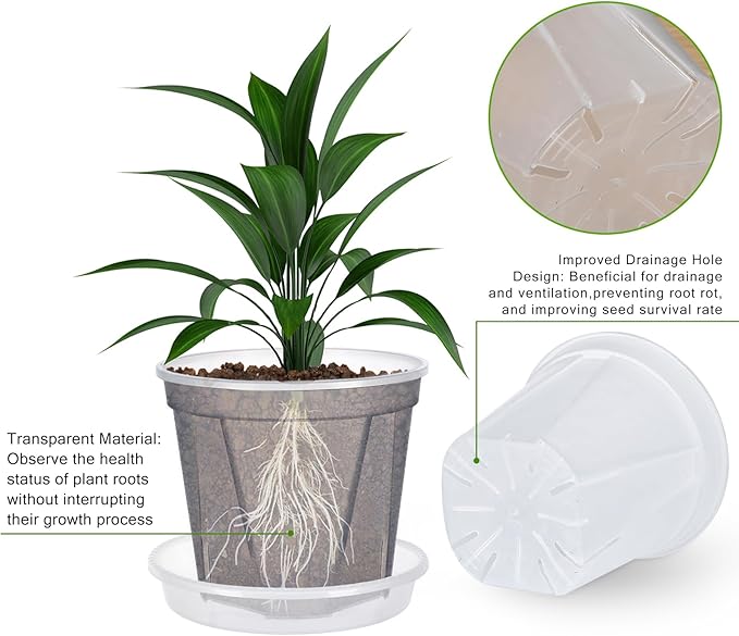 30Pcs Clear Nursery Pots with Drainage and Tray 5/6/7 Inch Plastic Clear Pots for Plants, Orchid Pot Outdoor Indoor Transplant Seedling Planter Pots with 100 Plant Labels,15-Set