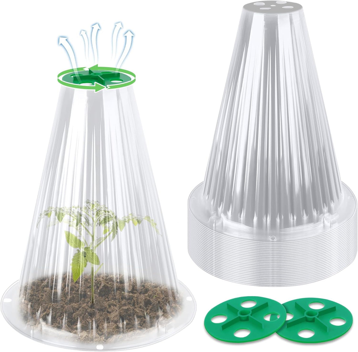 UQM 30 Pack Garden Cloches for Plants, Reusable Bell Plant Protector with Rotary Vent Cover, Garden Protection from Animals Snails Birds Chickens Insect, 9.44" H X 8.07" D (Clear)