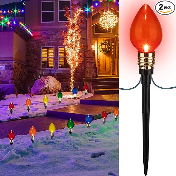 2 Pack C9 Christmas Pathway Lights - Outdoor Total 34.8 Ft, 20 Waterproof Connectable Walkway Lights for Yard, Ground, Sidewalk, Driveway Christmas Decorations
