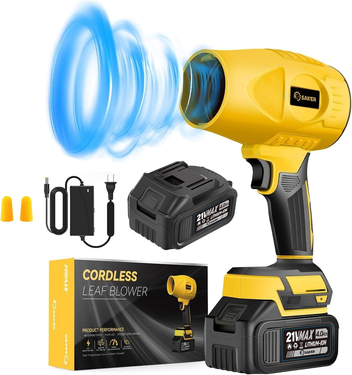 Saker Handheld Cordless Leaf Blower Portable Dust Cleaner 180000 RPM Compressed Air Duster with Adjustable Speed for Drying Patio Cleaning Camping 2 x 4.0Ah Battery Yellow