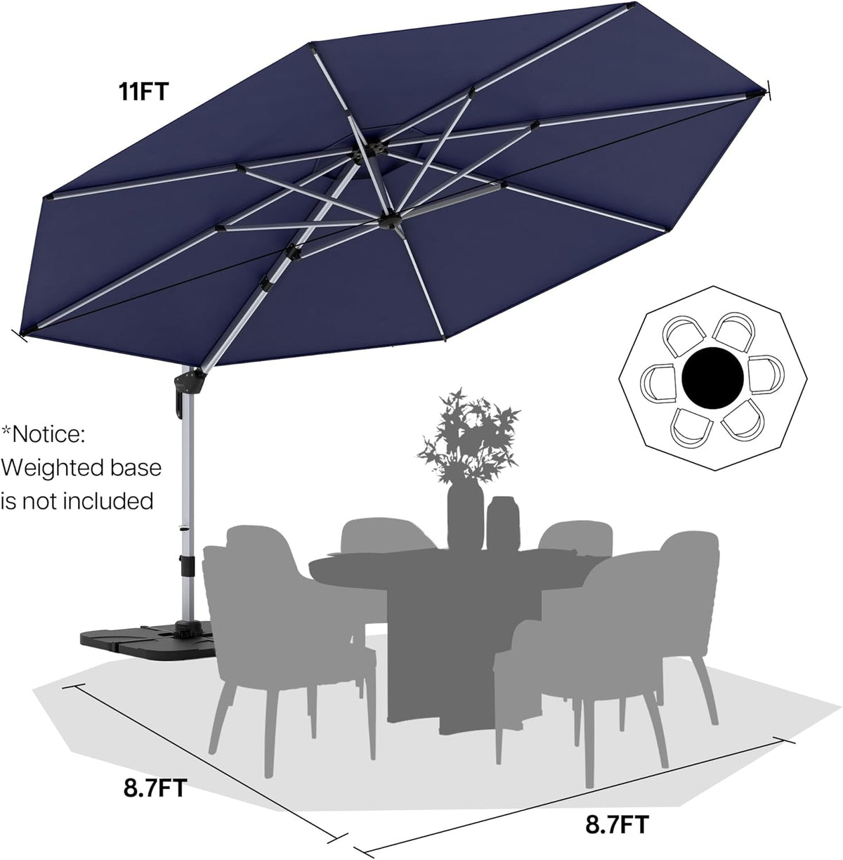 Patio Umbrella, 11FT Outdoor Cantilever Umbrella with 360-degree Rotation for Garden, Deck, Backyard, Pool and Beach, Navy Blue