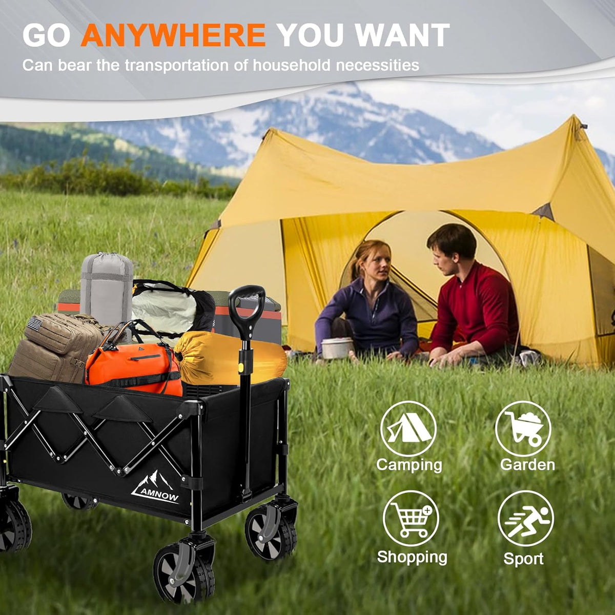 Collapsible Wagon Cart with Wheels Foldable, Folding Wagons Carts with Silent Universal Wheels, Large Grocery Cart On Wheels, Heavy Duty Utility for Shopping Beach Sports Fishing Camping, Black
