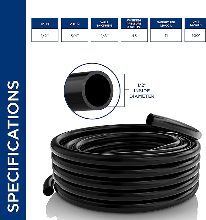 Alpine Corporation 100' PVC Tubing with 1/2" Inside Diameter and 1/8" Wall for Ponds and Fountains, Black