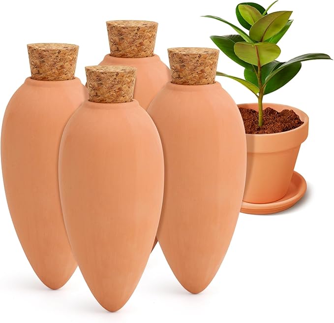 4 Pack Olla Watering Pot, Self Watering Globes 5.2oz Slow Release Terracotta Watering Spikes for Indoor Outdoor Plants, Easy to Refill Automatic Dripping Clay Bulbs Planter Insert (4.9" Tall, Cone)