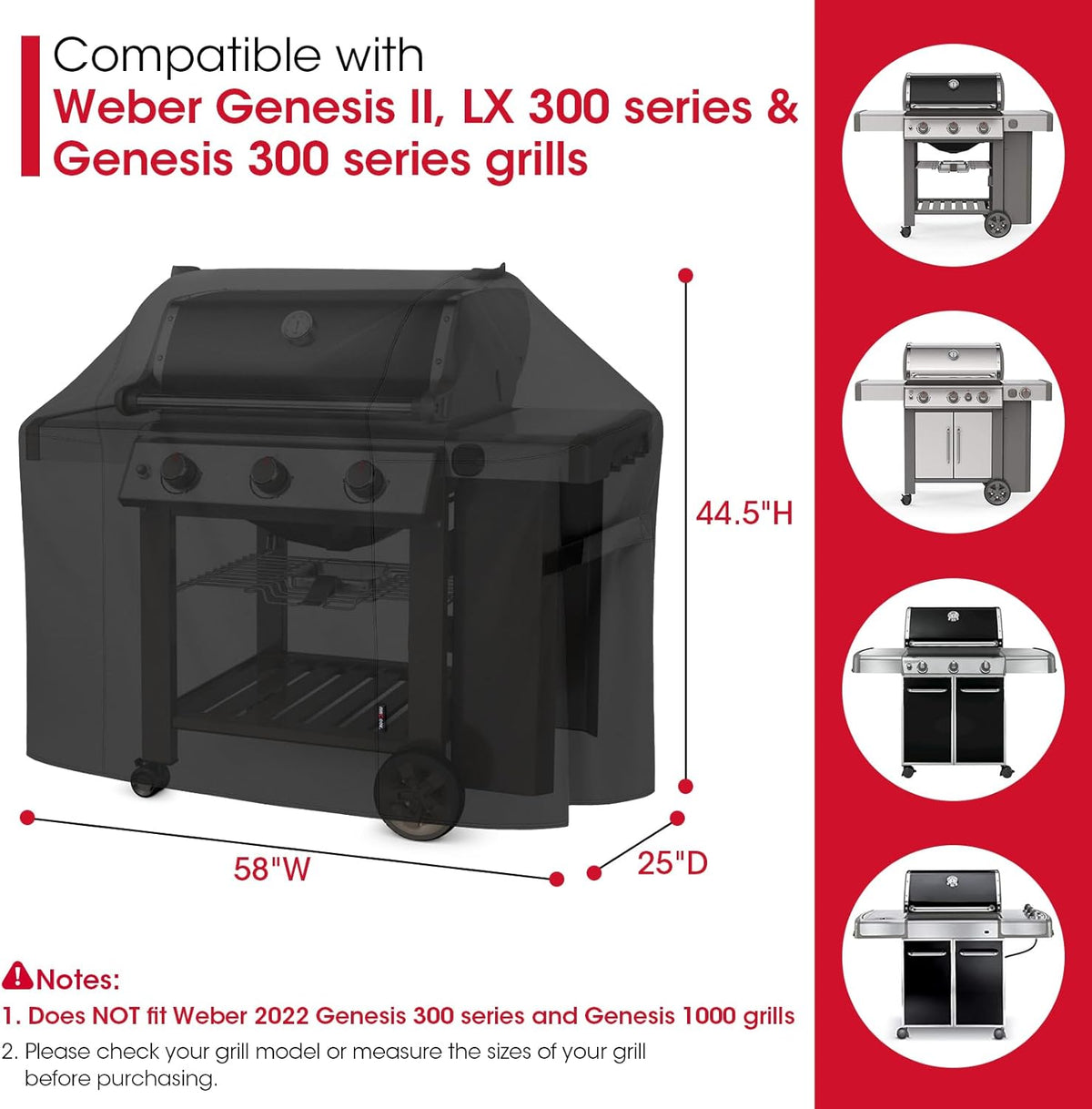 Unicook 58 Inch Grill Cover for Weber Genesis II, LX 300 Series and Genesis 300 Series Gas Grills, Heavy Duty Waterproof Fade Resistant BBQ Cover, All Weather Protection, Compared to Weber 7130