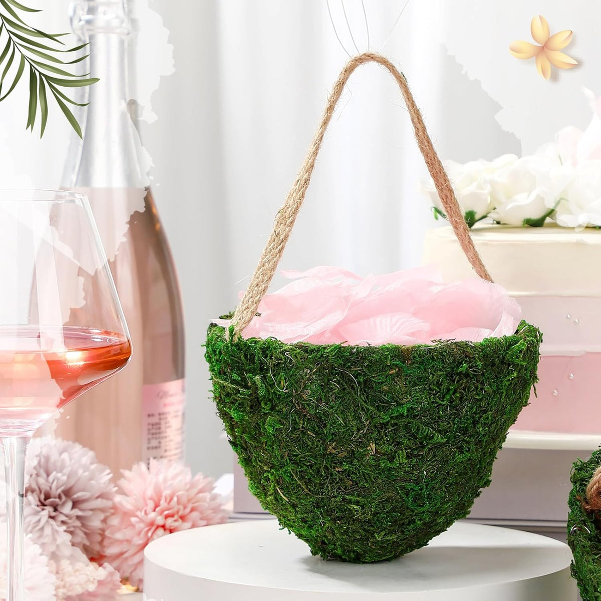 Leinuosen 1 Pcs Wedding Flower Baskets, Moss Style Small Baskets with Handles for Gifts Wedding Floral Decoration Flowers Petal Candy Storage and Home Decoration