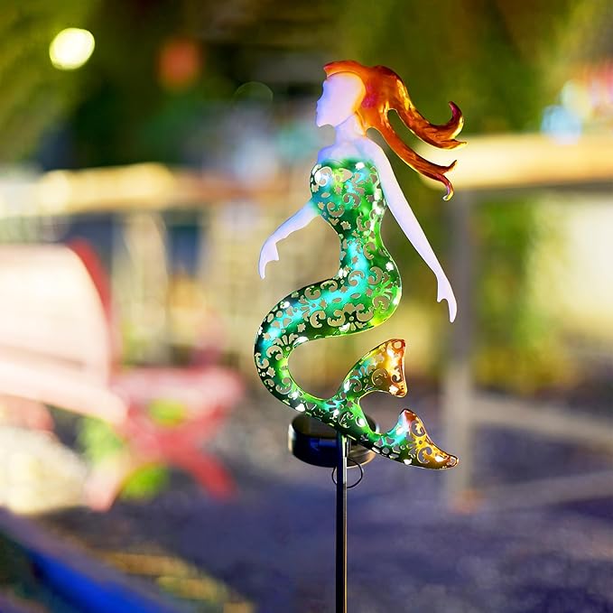 ARTER Solar Garden Lights, Green Mermaid Marine Nautical Themed Outdoor Waterproof Stake With 3.6 Feet 22 LED Fairy Lights for Pathway, Yard, Patio, Lawn, Swimming Pool, 37" Tall (Pack of 1)