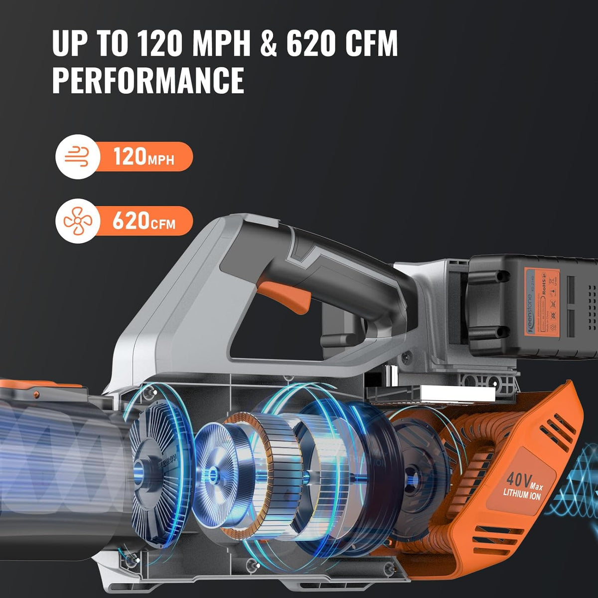 Keenstone Leaf Blower, Cordless Leaf Blowers Max 620-CFM 120-MPH with 2 * 4000mAh Batteries and 2*Fast Chargers, Lightweight Leaf Blower Cordless with 3 Speed Modes for Patio, Lawn, Yard, Leaves 40V