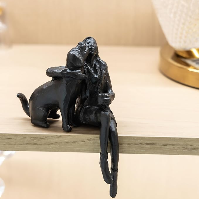 Cast Iron Sitting Woman and Dog Statue, Love Figurine, Gifts for Dog Lovers, Memorial Gifts for Women and Girls, Black