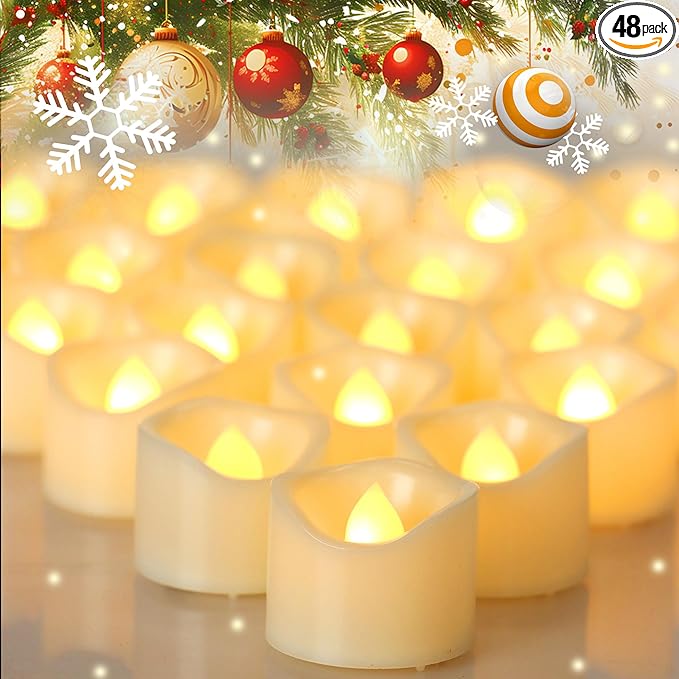 CANDLE CHOICE Battery Operated Flameless Tea Lights White Flickering LED Electric Fake Votive Tealight Candles Halloween Pumpkin Wedding Christmas Decorations Table Centerpieces 48 Pack Batteries Incl