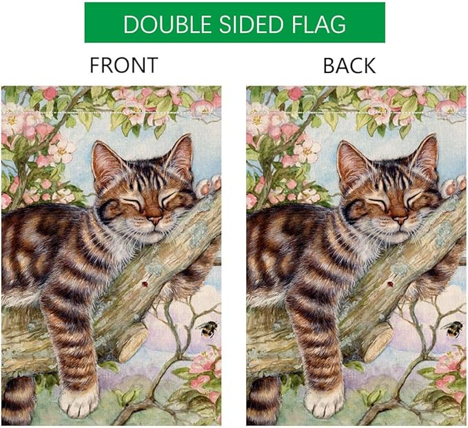 BLKWHT Spring Cat Garden Flag 12x18 Vertical Double Sided Pink Floral Farmhouse Holiday Outside Decorations Burlap Yard Flag BW573
