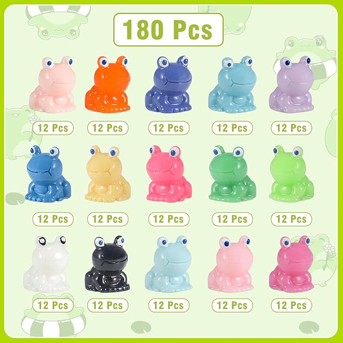 180Pcs Mini Resin Frog Garden Decor Cute Green Figurines Miniature Tiny Frogs Fairy Animals Moss DIY Charms Landscape Aquarium Dollhouse Birthday Gift Party School Ornament Potted Plant Toy