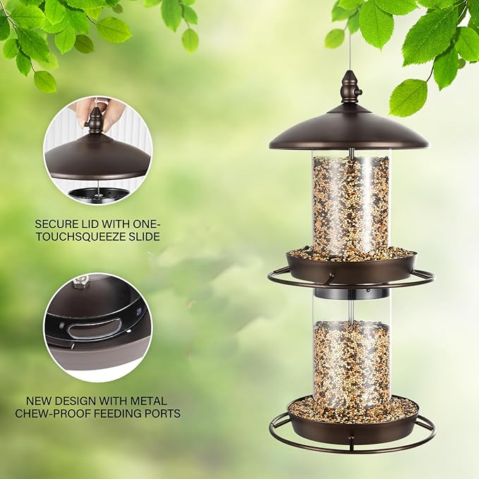 Backyard Expressions 2-Tier Bird Feeder with Sure-Lock Cap and Hanging Hook, Wild Bird Feeders - 4.5 lb Seed Capacity