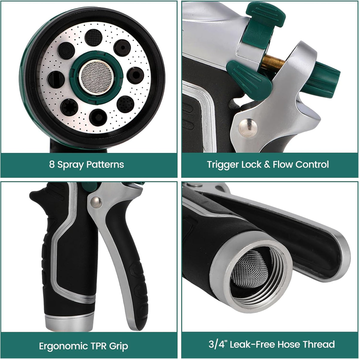 Garden Hose Nozzle, Heavy Duty Metal Water Hose Sprayer Nozzle with 8 Spray Patterns, High Pressure Handheld Nozzle with Flow Control for Lawn & Plant Watering, Car Washing – Forest Green