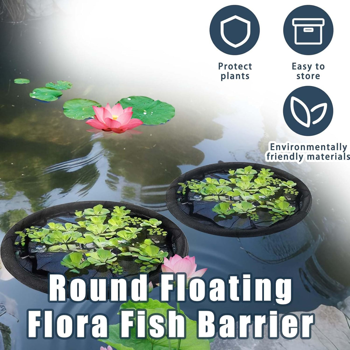 2Pack Round Floating Flora Fish Barrier-31.5Inch Black Pond Plant Protector, Floating Island/Planter Pond,UV Resistant Net to Shield Floating Plant(Lotus/Water Lilies)from Koi, with Waterproof Gloves