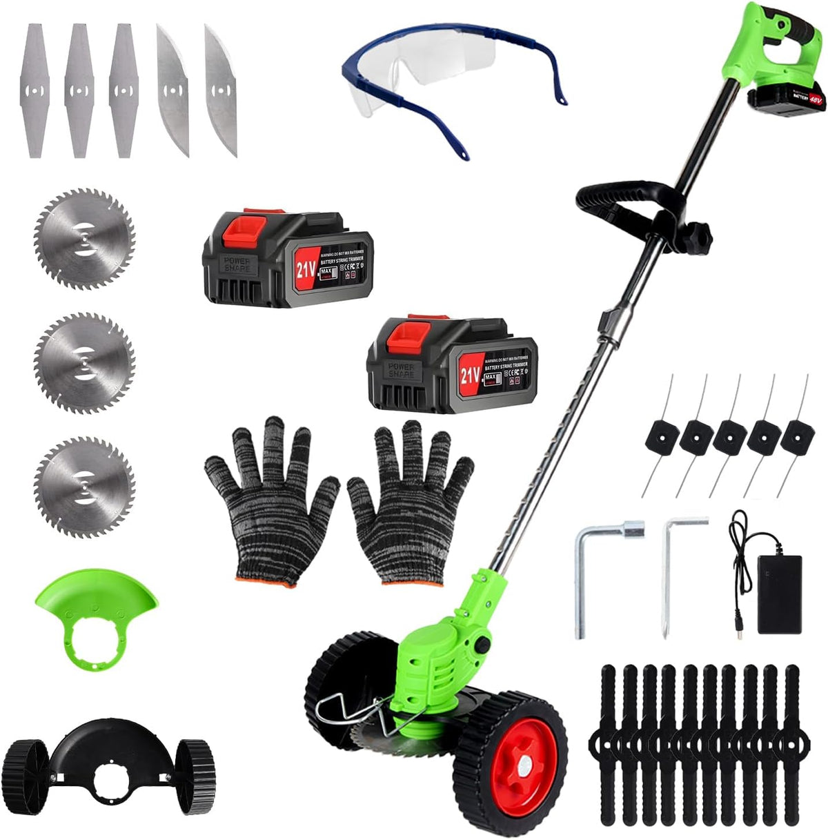 Electric Weed Wacker Cordless Eater 2 Battery, Foldable and Lightweight Grass Trimmer/Brush Cutter,5 Types Blade&Wheels 21V 4.0Ah Battery (2 Pieces) Powered for Garden and Yard (Non-Foldable)