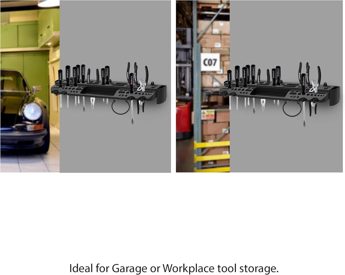 Tool Storage Shelf Wall Mount Utility Shelf Organizer Rack Has 61 Slots, 4 Hooks, 2 Compartments Garage Shelving and Tool Organizers by Stalwart