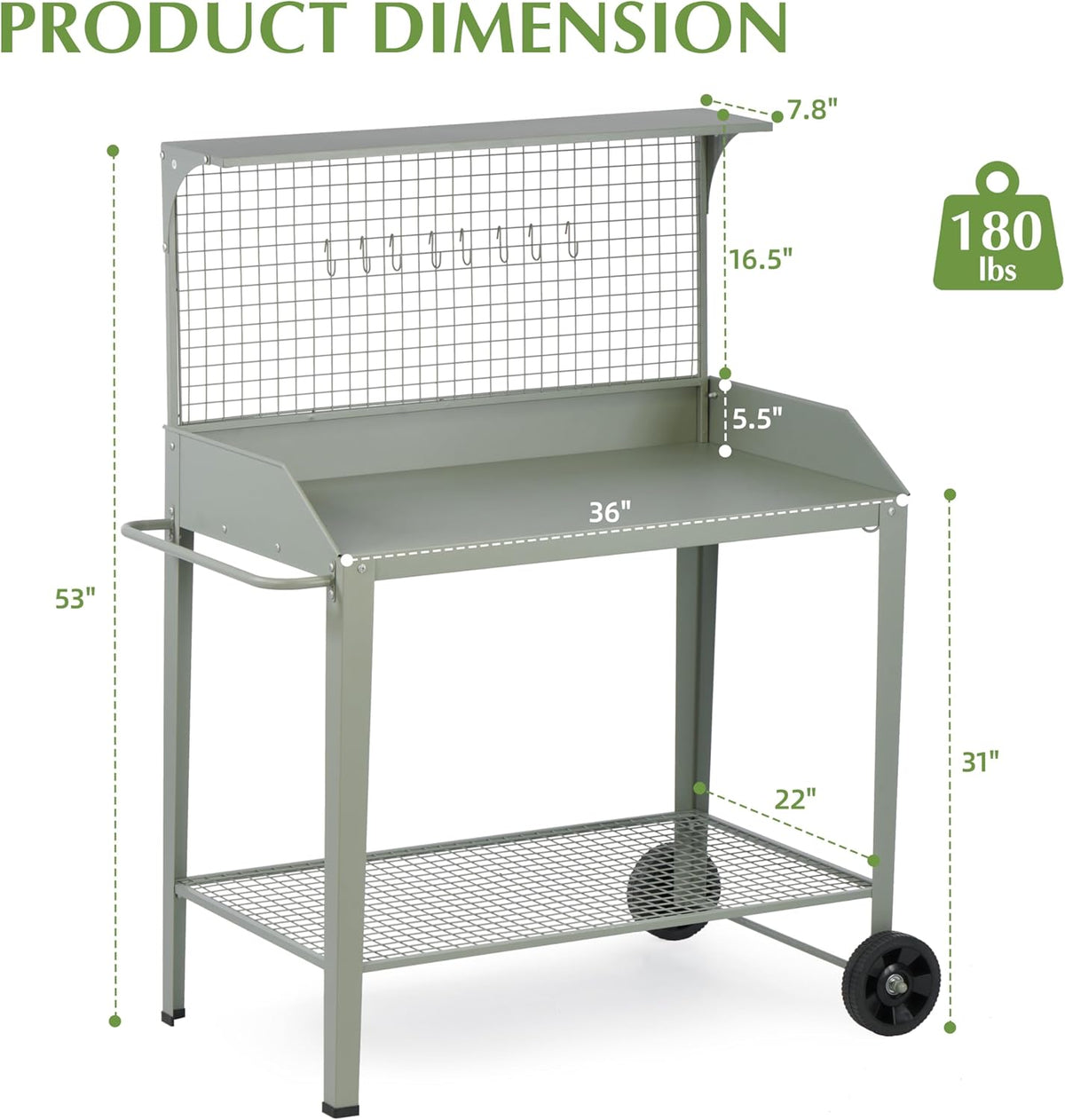 Outdoor Metal Potting Bench with Wheels, Heavy Duty Garden Workbench Table with Storage Shelf (Green, 52.8"x36.6")