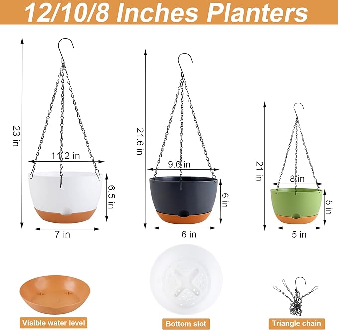 8/10/12 inch Hanging Planters for Indoor Outdoor Plants with Self-Watering Pots, 3 Pack Plastic Hanging Basket with Removable Tray for Home Garden Porch Balcony Patio Decor(White+Black+Green)