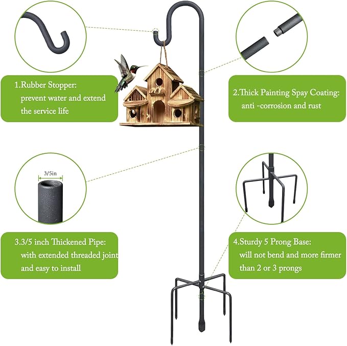 Highpro Shepherds Hooks for Outdoor 47 Inch Bird Feeder Pole Squirrel Proof Hummingbird Feeder Stand Heavy Duty with 5 Prong Base for Hanging Bird Feeder, Plant Baskets, Solar Light Lanterns