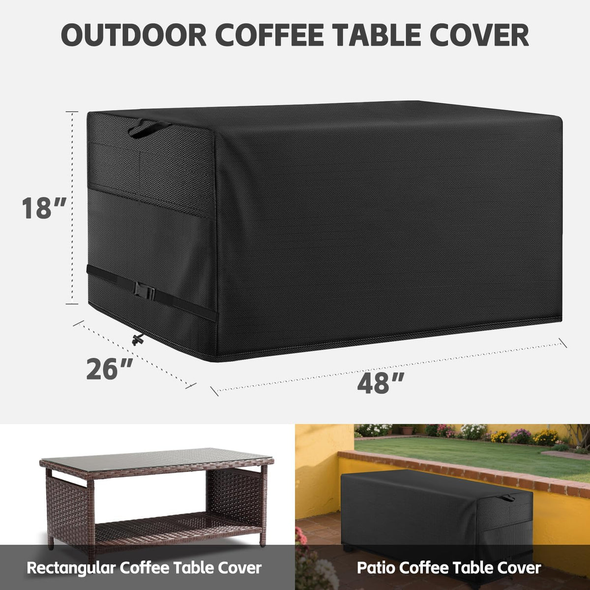 Patio Coffee Table Cover Black Heavy Duty Waterproof Cover 48" L x 26" W x 18" H for Rectangular Coffee Table
