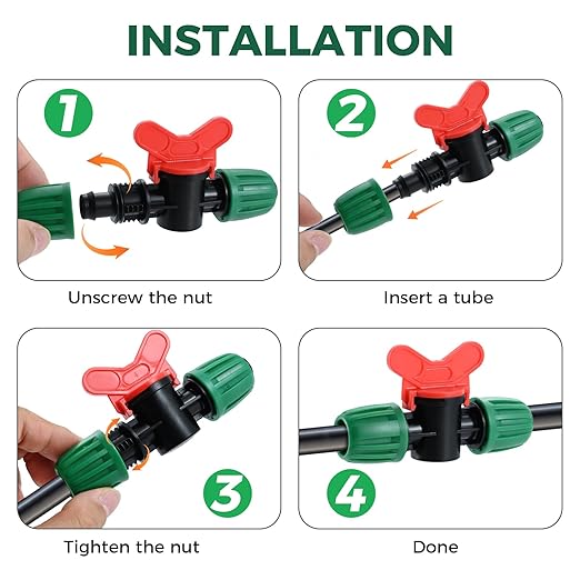32Pcs 1/2 Inch Tubing Drip Irrigation Fittings Kit, 1/2 ID x 0.6-0.63 OD 16 mm Drip Line Barbed Locked Nut Connectors - 4 Switch Valves, 8 Tees, 8 Couplings, 4 Elbows, 4 Ends, 4 Adapters