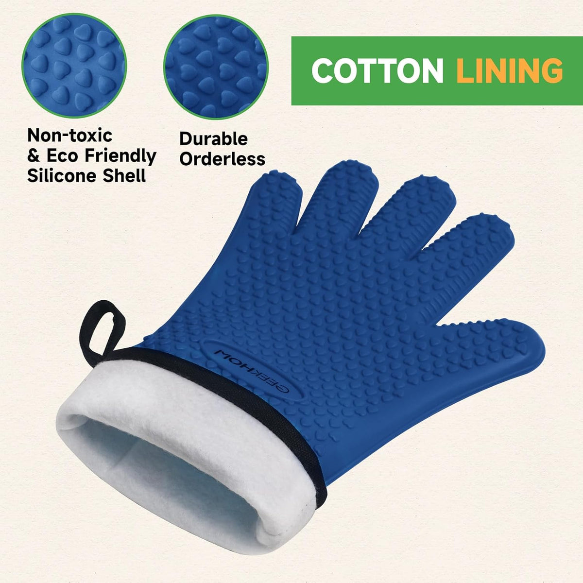 GEEKHOM BBQ Gloves Heat Resistant Oven Mitts - Silicone Grilling Gloves with 13.7" Arm Protection - Waterproof Pot Holder Non-Slip for Men & Women, Kitchen Outdoor Cooking, Baking, Camping, Royal Blue