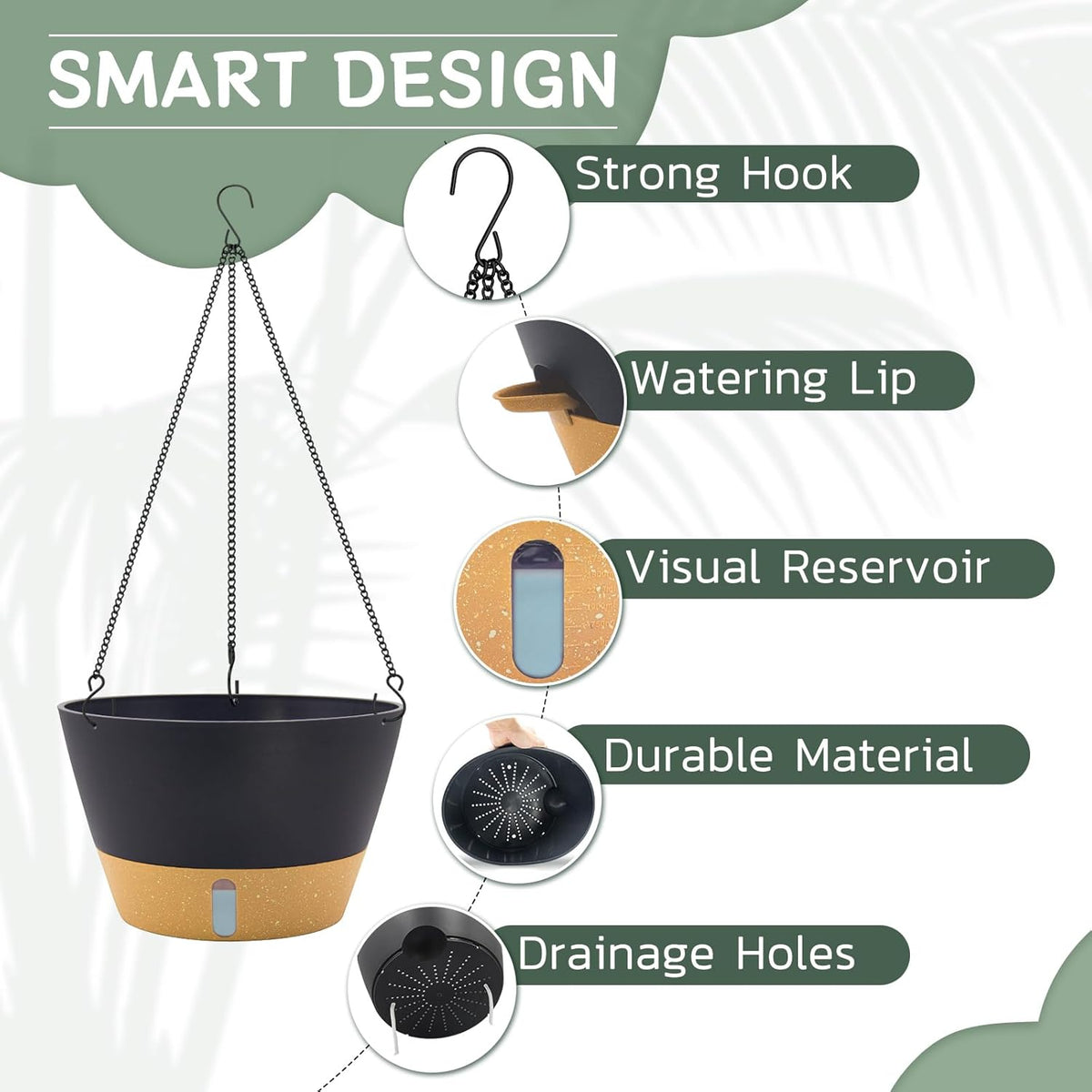 ZMTECH 12 Inch Hanging Planters for Indoor Plants, 2 Pack Self Watering Hanging Planter with Visual Reservoir, Hanging Pots for Plants Outdoor with Drainage Hole and Plant Hanger(Gray)