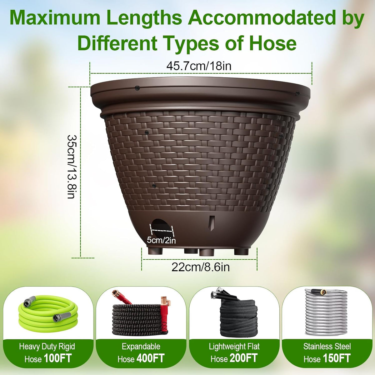 Riokko Garden Hose Holder Pot, Decorative Wicker Hose Holder, Water Hose Storage for Outside/Garage, Hose Box Fits 100-400 FT Hoses with 5 Drain Holes, Large Capacity & Assembly Required, Java