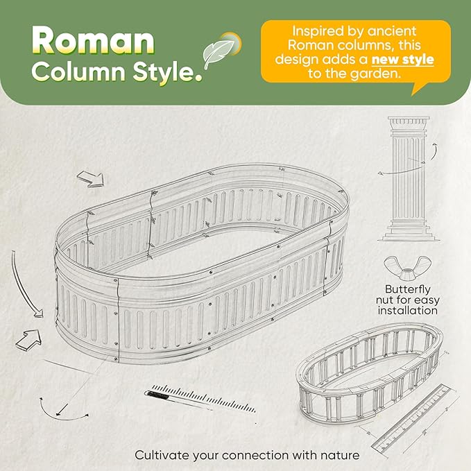 KING BIRD Raised Garden Bed Kit 2025 Upgraded Modular DIY Galvanized Planter Garden Box Outdoor for Gardening, Vegetables, Flowers, Elegant Roman Column Design, 94x24x24 in, Dark Grey