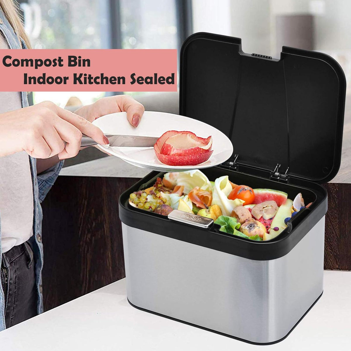 Compost Bin for Countertop, Compost Bucket Indoor Sealed, Food Waste Caddy, 1.13 Gallon Kitchen Compost Container with Lid, Compact and Easy Clean, Black Matte